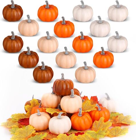 16 Pcs Pumpkin Decor Set, 16 Pieces Mini Pumpkins Foam Pumpkins Fake Pumpkins and 50 Pcs Artificial Maple Leaves Fall Leaves Autumn Leaves for Fall Autumn Thanksgiving Wedding Table Home Decorations in Kuwait