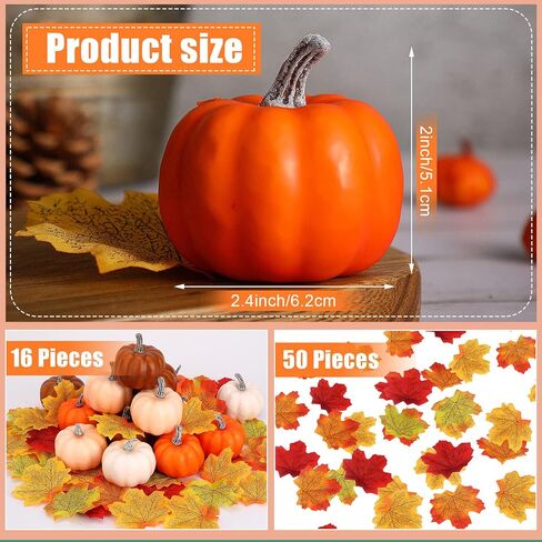 16 Pcs Pumpkin Decor Set, 16 Pieces Mini Pumpkins Foam Pumpkins Fake Pumpkins and 50 Pcs Artificial Maple Leaves Fall Leaves Autumn Leaves for Fall Autumn Thanksgiving Wedding Table Home Decorations in Kuwait