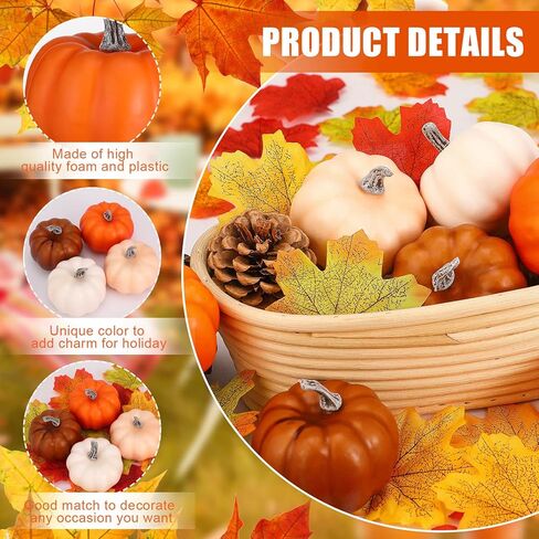 16 Pcs Pumpkin Decor Set, 16 Pieces Mini Pumpkins Foam Pumpkins Fake Pumpkins and 50 Pcs Artificial Maple Leaves Fall Leaves Autumn Leaves for Fall Autumn Thanksgiving Wedding Table Home Decorations in Kuwait