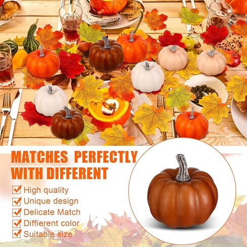 16 Pcs Pumpkin Decor Set, 16 Pieces Mini Pumpkins Foam Pumpkins Fake Pumpkins and 50 Pcs Artificial Maple Leaves Fall Leaves Autumn Leaves for Fall Autumn Thanksgiving Wedding Table Home Decorations in Kuwait