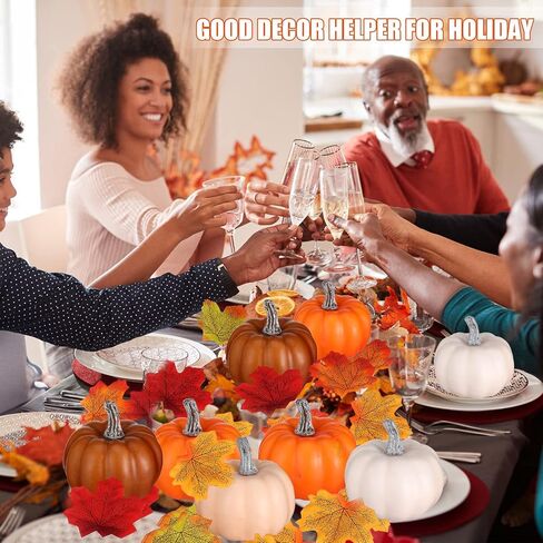 16 Pcs Pumpkin Decor Set, 16 Pieces Mini Pumpkins Foam Pumpkins Fake Pumpkins and 50 Pcs Artificial Maple Leaves Fall Leaves Autumn Leaves for Fall Autumn Thanksgiving Wedding Table Home Decorations in Kuwait