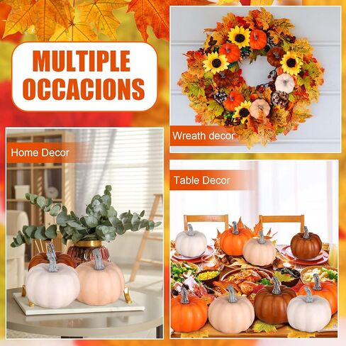 16 Pcs Pumpkin Decor Set, 16 Pieces Mini Pumpkins Foam Pumpkins Fake Pumpkins and 50 Pcs Artificial Maple Leaves Fall Leaves Autumn Leaves for Fall Autumn Thanksgiving Wedding Table Home Decorations in Kuwait