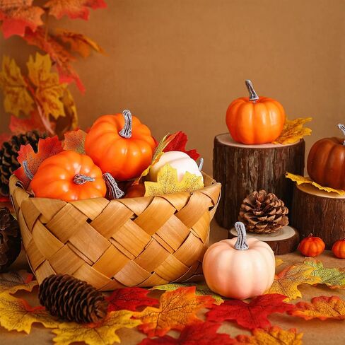 16 Pcs Pumpkin Decor Set, 16 Pieces Mini Pumpkins Foam Pumpkins Fake Pumpkins and 50 Pcs Artificial Maple Leaves Fall Leaves Autumn Leaves for Fall Autumn Thanksgiving Wedding Table Home Decorations in Kuwait
