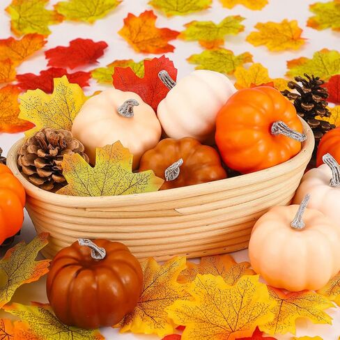 16 Pcs Pumpkin Decor Set, 16 Pieces Mini Pumpkins Foam Pumpkins Fake Pumpkins and 50 Pcs Artificial Maple Leaves Fall Leaves Autumn Leaves for Fall Autumn Thanksgiving Wedding Table Home Decorations in Kuwait