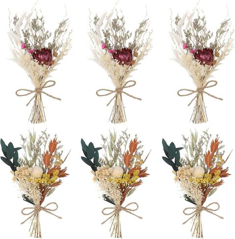 Auidy_6TXD باقة زهور مجففة صغيرة مجموعة من 6 زهور مجففة بوهو باقة وصيفة العروس زهور جافة قطع مركزية للطاولة صندوق هدايا لوصيفة العروس زهرة فتاة لحفل زفاف بوهو، ديكور زجاجة طاولة كعكة عيد الميلاد in Kuwait
