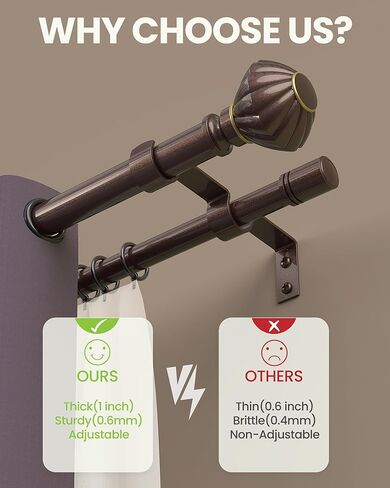 مساحة الصندوق 1 بوصة قضبان ستائر مزدوجة، 66 إلى 120 بوصة قضيب ستائر متداخل للنوافذ مع الأقواس والأجهزة، تيجان اليقطين + نهاية نمط الغطاء النهائي ORB in Kuwait