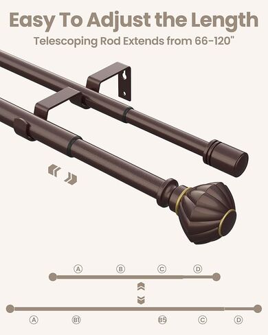 مساحة الصندوق 1 بوصة قضبان ستائر مزدوجة، 66 إلى 120 بوصة قضيب ستائر متداخل للنوافذ مع الأقواس والأجهزة، تيجان اليقطين + نهاية نمط الغطاء النهائي ORB in Kuwait