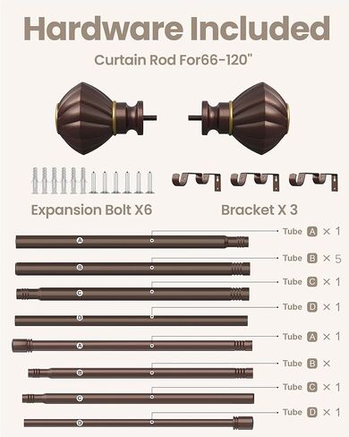 مساحة الصندوق 1 بوصة قضبان ستائر مزدوجة، 66 إلى 120 بوصة قضيب ستائر متداخل للنوافذ مع الأقواس والأجهزة، تيجان اليقطين + نهاية نمط الغطاء النهائي ORB in Kuwait