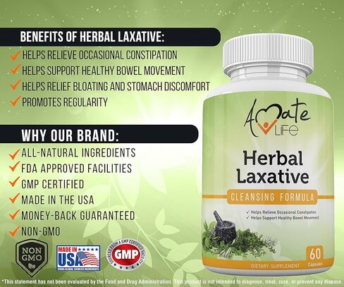 Amate Life Herbal Laxative Cleansing Formula Laxative Capsules Help with Occasional Constipation Promotes Regularity Probiotics Source Digestive System Health Non-GMO 60 Capsules in Kuwait