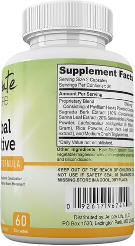 Amate Life Herbal Laxative Cleansing Formula Laxative Capsules Help with Occasional Constipation Promotes Regularity Probiotics Source Digestive System Health Non-GMO 60 Capsules in Kuwait