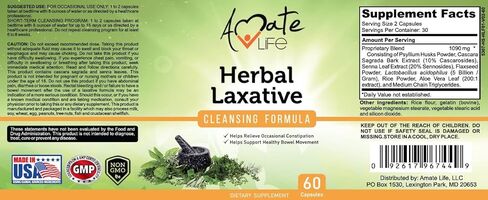 Amate Life Herbal Laxative Cleansing Formula Laxative Capsules Help with Occasional Constipation Promotes Regularity Probiotics Source Digestive System Health Non-GMO 60 Capsules in Kuwait