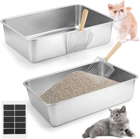 Helyhoob 2 Set Stainless Steel Litter Box for Cats Rabbits, High Sides with 2 Cat Litter Scoop, Odor Control Extra Large Metal Cat Litter Box, Easy to Clean, Non Slip Rubber Feet (24 x 16 x 6 Inches) in Saudi Arabia