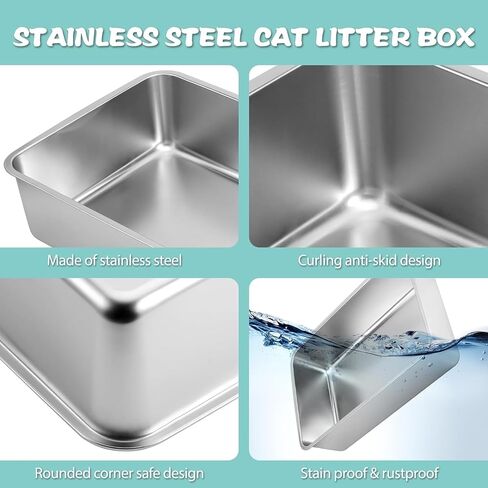 Helyhoob 2 Set Stainless Steel Litter Box for Cats Rabbits, High Sides with 2 Cat Litter Scoop, Odor Control Extra Large Metal Cat Litter Box, Easy to Clean, Non Slip Rubber Feet (24 x 16 x 6 Inches) in Saudi Arabia