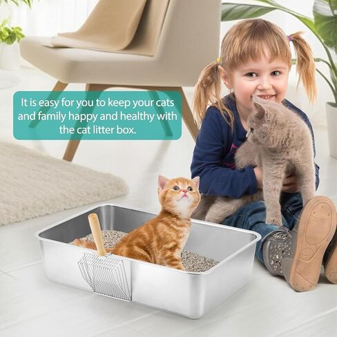 Helyhoob 2 Set Stainless Steel Litter Box for Cats Rabbits, High Sides with 2 Cat Litter Scoop, Odor Control Extra Large Metal Cat Litter Box, Easy to Clean, Non Slip Rubber Feet (24 x 16 x 6 Inches) in Saudi Arabia