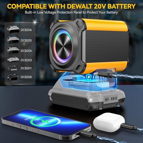 مكبر صوت بلوتوث محمول لبطارية ديوالت 18 فولت/20 فولت، مكبر صوت ستيريو 20 وات لأداة ديوالت 20 فولت مع شحن USB، مكبرات صوت بلوتوث خارجية مزدوجة لموقع العمل والتخييم والمنزل والحفلات (بدون بطارية) in Kuwait