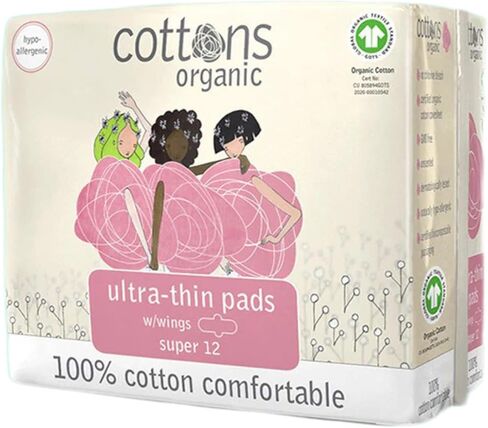 فوط صحية فائقة النحافة للنساء من كوتونز، عبوة من 12 قطعة، قطن عضوي 100%، لا تسبب الحساسية، جيدة التهوية (تدفق ثقيل) in Kuwait