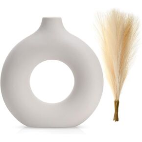 White Ceramic Vase, (13 PCS Total) + Includes Modern Pampas Grass Decor, Luxury Living Room Bedroom Bathroom, Modern Table Nordic Decorations, Donut House Office Bookshelf Boho Decorative Gift in Kuwait