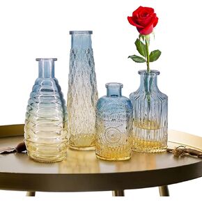 FANTESTICRYAN Baroque Bud Glass Vases Set of 4, Retro Gradient Small Glass Vase Single Flower Mini Vases for Centerpiece Décor, Tabletop, Christmas Special (Green)