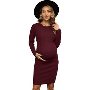Yeshape Knit Ribbed Long Sleeve Maternity Dress, Ruched Maternity Bodycon Dress Casual Wear Work