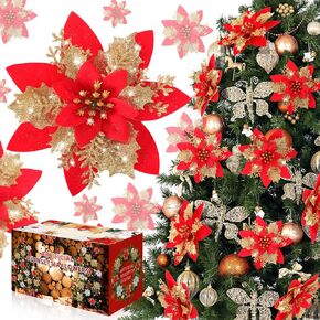 زهور زينة عيد الميلاد من WEISPARK Poinsettia - 12 قطعة من زينة شجرة عيد الميلاد من البونسيتة الذهبية الحمراء الاصطناعية اللامعة لعيد الميلاد ورأس السنة الجديدة وحفلات الزفاف إكليل ديكور إكليل DIY (ذهبي)