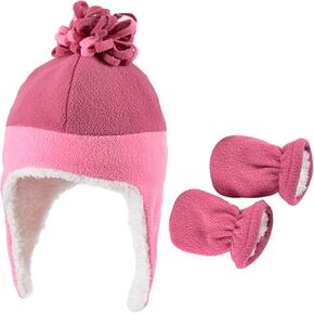 HADM 2Pcs Toddler Fleece Hat Winter Mittens Set Kids Cute Warm Earflap Caps Baby Soft Fleece Lined Hats for Boys Girls in Kuwait