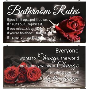 YLOLUL 2 Pcs Rose Bathroom Wall Decor Bathroom Rules Wall Art Funny Red Rose Bathroom Decor Rustic Wood Rose Bathroom Accessories Hanging Wall Art for Farmhouse Home Kids Girls Bathroom (Rose) in Kuwait