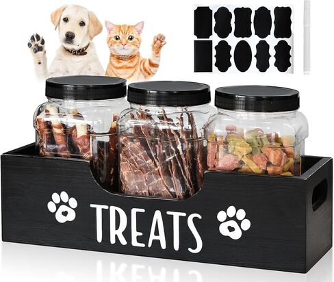 حاوية علاج الكلاب، حامل حاوية تخزين طعام الكلاب الخشبية مع 3 برطمانات بلاستيكية لعلاج الكلاب، حاوية تخزين طعام الكلاب في المزرعة، حاوية تخزين طعام الحيوانات الأليفة للكلاب والقطط والحيوانات الصغيرة in Kuwait