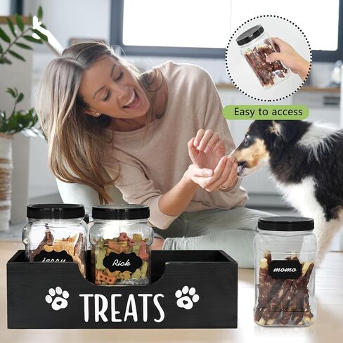 حاوية علاج الكلاب، حامل حاوية تخزين طعام الكلاب الخشبية مع 3 برطمانات بلاستيكية لعلاج الكلاب، حاوية تخزين طعام الكلاب في المزرعة، حاوية تخزين طعام الحيوانات الأليفة للكلاب والقطط والحيوانات الصغيرة in Kuwait