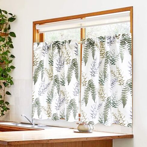 ستائر مطبخ منزلية من Valea بطول 45 بوصة بألوان مائية ربيعية وأوراق خضراء ونباتات بيضاء قصيرة لغرفة المعيشة والحمام وطبقات معالجة النوافذ الصغيرة، لوحتان in Kuwait