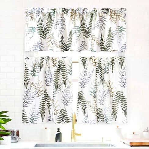 ستائر مطبخ منزلية من Valea بطول 45 بوصة بألوان مائية ربيعية وأوراق خضراء ونباتات بيضاء قصيرة لغرفة المعيشة والحمام وطبقات معالجة النوافذ الصغيرة، لوحتان in Kuwait