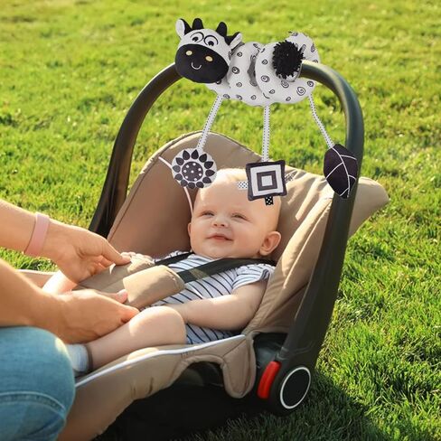 Baby Hanging Stroller Toy, Animal Spiral Plush Circle Activity Car Seat Travel Toys, Black and White Squeak Early Educational Toy for Newborn Boys or Girls in Kuwait