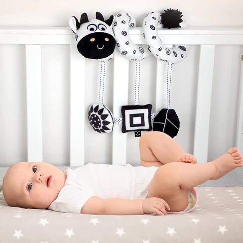 Baby Hanging Stroller Toy, Animal Spiral Plush Circle Activity Car Seat Travel Toys, Black and White Squeak Early Educational Toy for Newborn Boys or Girls in Kuwait