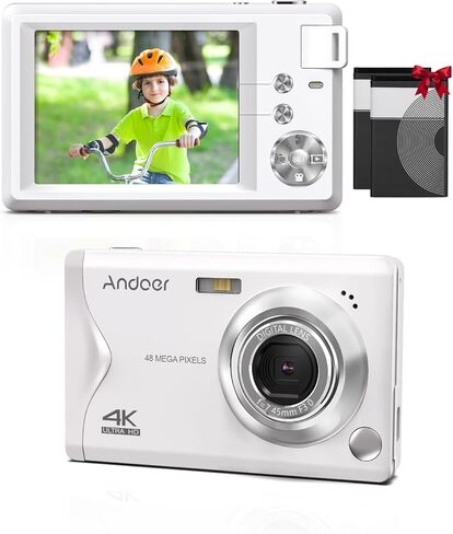 كاميرا Andoer الرقمية 4K للأطفال، محمولة 3.0 بوصة TF، تكبير 16X، تركيز تلقائي، مؤقت ذاتي، كشف الوجه، مضادة للاهتزاز، تتضمن بطاريتين وحزام يد - هدية مثالية للأطفال in Kuwait