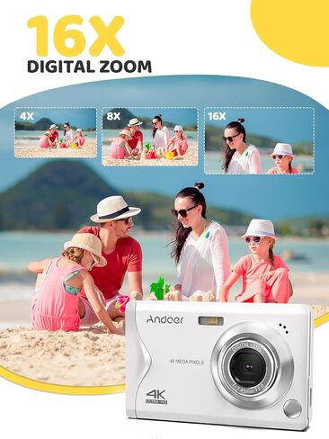 كاميرا Andoer الرقمية 4K للأطفال، محمولة 3.0 بوصة TF، تكبير 16X، تركيز تلقائي، مؤقت ذاتي، كشف الوجه، مضادة للاهتزاز، تتضمن بطاريتين وحزام يد - هدية مثالية للأطفال in Kuwait