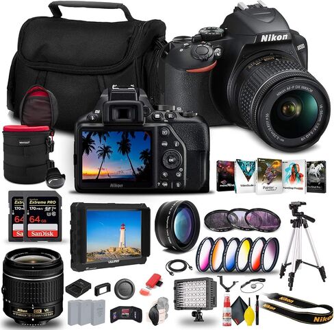 كاميرا Nikon D3500 DSLR مع عدسة 18-55 ملم (1590) + شاشة 4K + 2 بطاقة ExtremePro سعة 64 جيجابايت + 2 x EN-EL14a + برنامج Corel + حامل ثلاثي القوائم Pro + حقيبة + مجموعة مرشح + المزيد - الطراز العالمي (متجدد) in Saudi Arabia