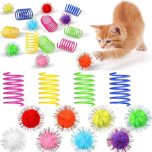 72 Pieces Cat Spring Toys Set 36 Plastic Coils Spring Cat Toys Durable Spiral Spring Kitten Toy and 36 Colorful Pom Pom Balls Cat Plush Chew Ball Cat Interactive Bite Balls Fur Ball for Kitten Cat Pet in Kuwait