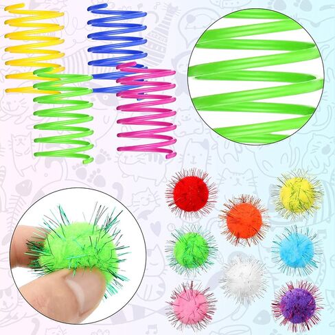 72 Pieces Cat Spring Toys Set 36 Plastic Coils Spring Cat Toys Durable Spiral Spring Kitten Toy and 36 Colorful Pom Pom Balls Cat Plush Chew Ball Cat Interactive Bite Balls Fur Ball for Kitten Cat Pet in Kuwait
