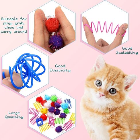 72 Pieces Cat Spring Toys Set 36 Plastic Coils Spring Cat Toys Durable Spiral Spring Kitten Toy and 36 Colorful Pom Pom Balls Cat Plush Chew Ball Cat Interactive Bite Balls Fur Ball for Kitten Cat Pet in Kuwait