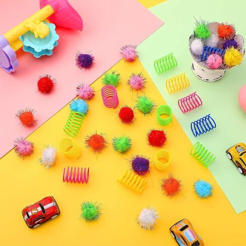 72 Pieces Cat Spring Toys Set 36 Plastic Coils Spring Cat Toys Durable Spiral Spring Kitten Toy and 36 Colorful Pom Pom Balls Cat Plush Chew Ball Cat Interactive Bite Balls Fur Ball for Kitten Cat Pet in Kuwait