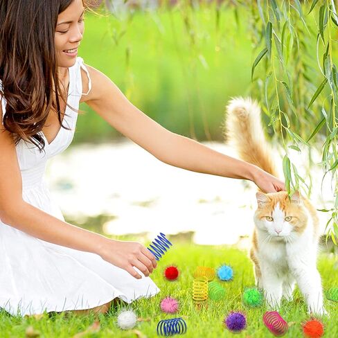 72 Pieces Cat Spring Toys Set 36 Plastic Coils Spring Cat Toys Durable Spiral Spring Kitten Toy and 36 Colorful Pom Pom Balls Cat Plush Chew Ball Cat Interactive Bite Balls Fur Ball for Kitten Cat Pet in Kuwait