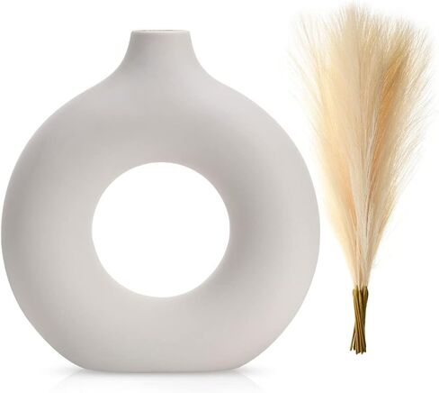 White Ceramic Vase, (13 PCS Total) + Includes Modern Pampas Grass Decor, Luxury Living Room Bedroom Bathroom, Modern Table Nordic Decorations, Donut House Office Bookshelf Boho Decorative Gift in Kuwait