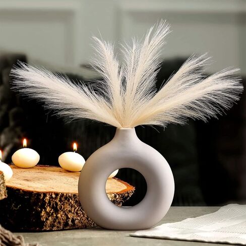 White Ceramic Vase, (13 PCS Total) + Includes Modern Pampas Grass Decor, Luxury Living Room Bedroom Bathroom, Modern Table Nordic Decorations, Donut House Office Bookshelf Boho Decorative Gift in Kuwait