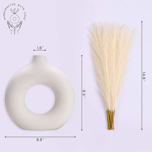 White Ceramic Vase, (13 PCS Total) + Includes Modern Pampas Grass Decor, Luxury Living Room Bedroom Bathroom, Modern Table Nordic Decorations, Donut House Office Bookshelf Boho Decorative Gift in Kuwait