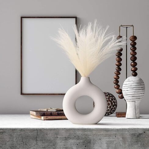 White Ceramic Vase, (13 PCS Total) + Includes Modern Pampas Grass Decor, Luxury Living Room Bedroom Bathroom, Modern Table Nordic Decorations, Donut House Office Bookshelf Boho Decorative Gift in Kuwait