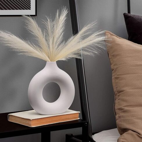 White Ceramic Vase, (13 PCS Total) + Includes Modern Pampas Grass Decor, Luxury Living Room Bedroom Bathroom, Modern Table Nordic Decorations, Donut House Office Bookshelf Boho Decorative Gift in Kuwait