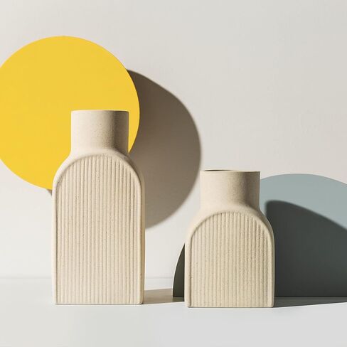 Home Habitat Nordic Vases - 2 Piece Set, Small and Large Ribbed Vase, Bottle Flower Planter Set. Ceramic for Decor. Neutral Decor, Coastal Decor Home, Centerpiece Table in Saudi Arabia