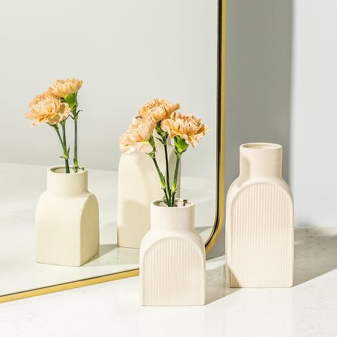Home Habitat Nordic Vases - 2 Piece Set, Small and Large Ribbed Vase, Bottle Flower Planter Set. Ceramic for Decor. Neutral Decor, Coastal Decor Home, Centerpiece Table in Saudi Arabia