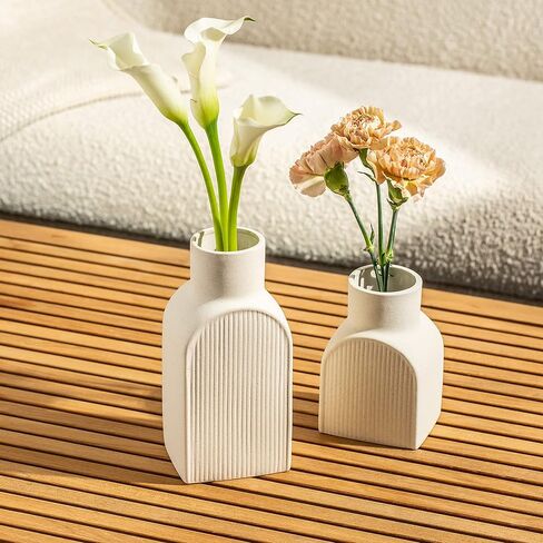 Home Habitat Nordic Vases - 2 Piece Set, Small and Large Ribbed Vase, Bottle Flower Planter Set. Ceramic for Decor. Neutral Decor, Coastal Decor Home, Centerpiece Table in Saudi Arabia