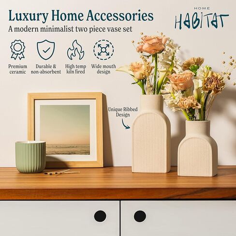 Home Habitat Nordic Vases - 2 Piece Set, Small and Large Ribbed Vase, Bottle Flower Planter Set. Ceramic for Decor. Neutral Decor, Coastal Decor Home, Centerpiece Table in Saudi Arabia