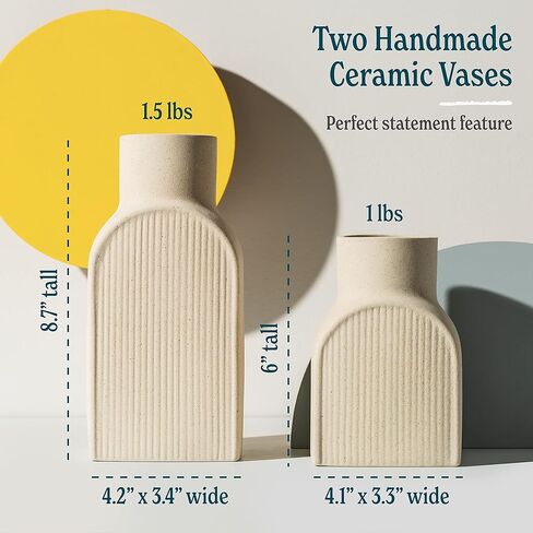 Home Habitat Nordic Vases - 2 Piece Set, Small and Large Ribbed Vase, Bottle Flower Planter Set. Ceramic for Decor. Neutral Decor, Coastal Decor Home, Centerpiece Table in Saudi Arabia